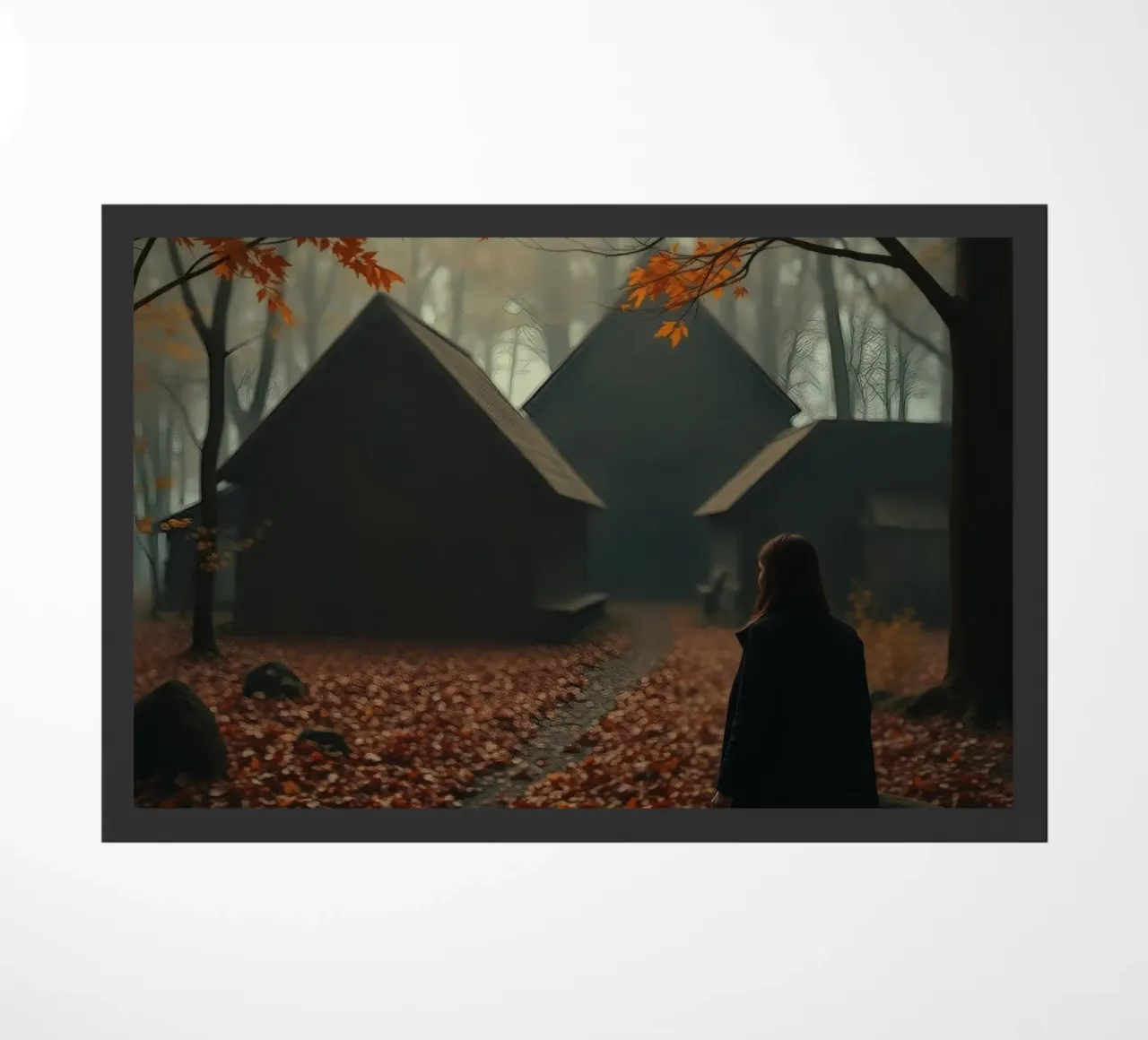 Donna che cammina in un bosco autunnale con sfondo nebbioso zerbino da DesignDoodle