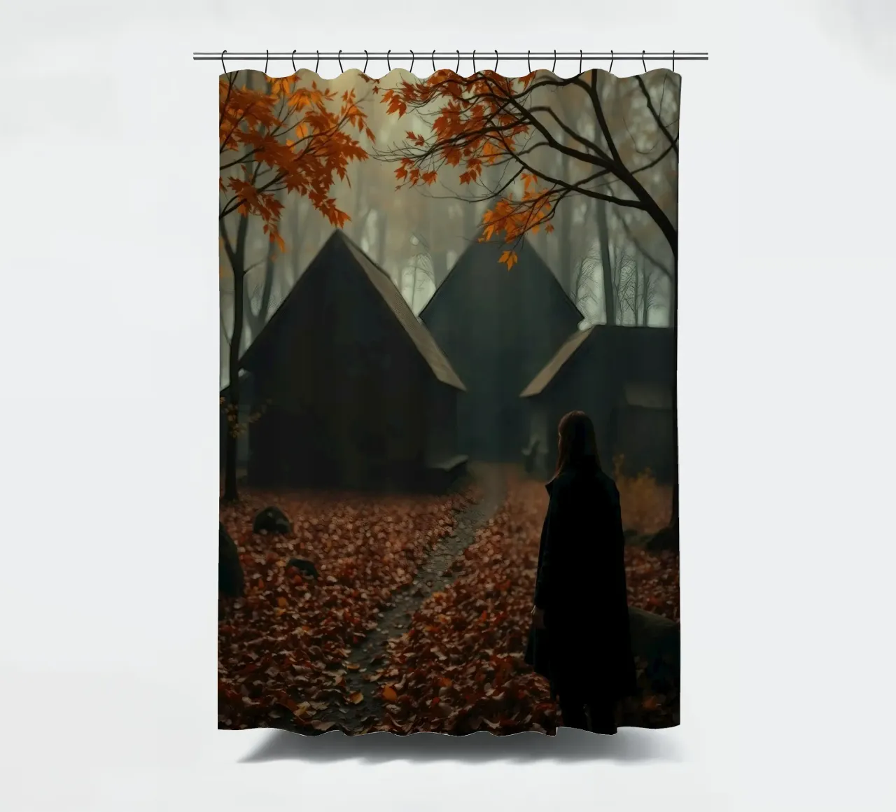 Frau geht durch herbstlichen Wald mit nebligem Hintergrund Duschvorhang von DesignDoodle
