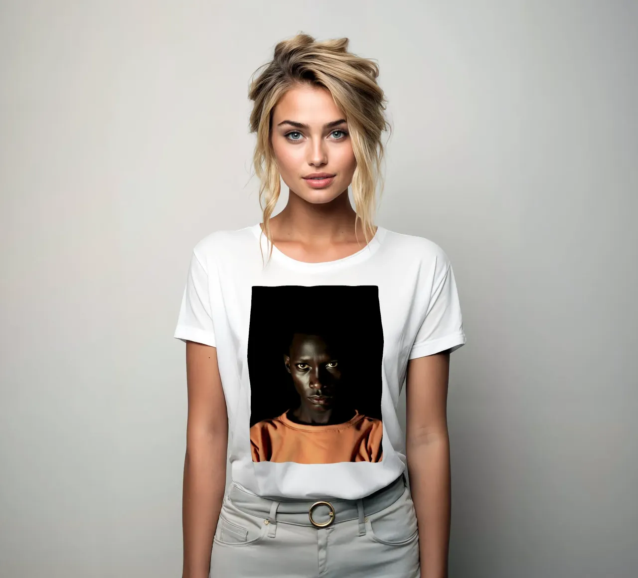 Portrait of a young man with intense gaze women's fitted t-shirt by DesignDoodle