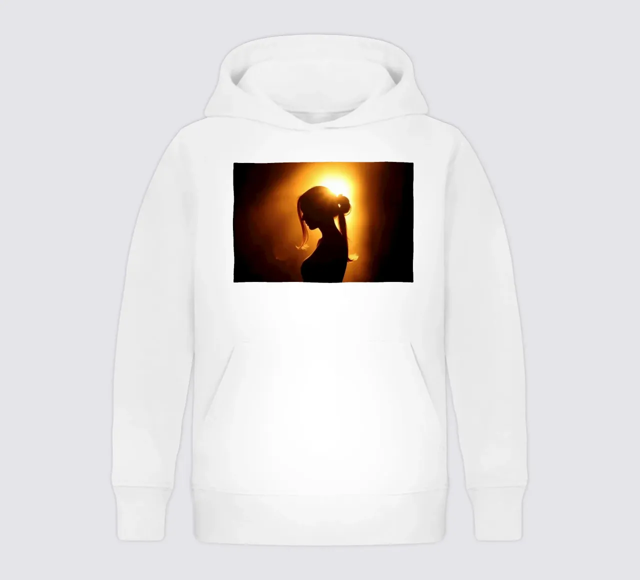 Silhouette of a woman against a warm glowing backdrop kids hoodie by DesignDoodle