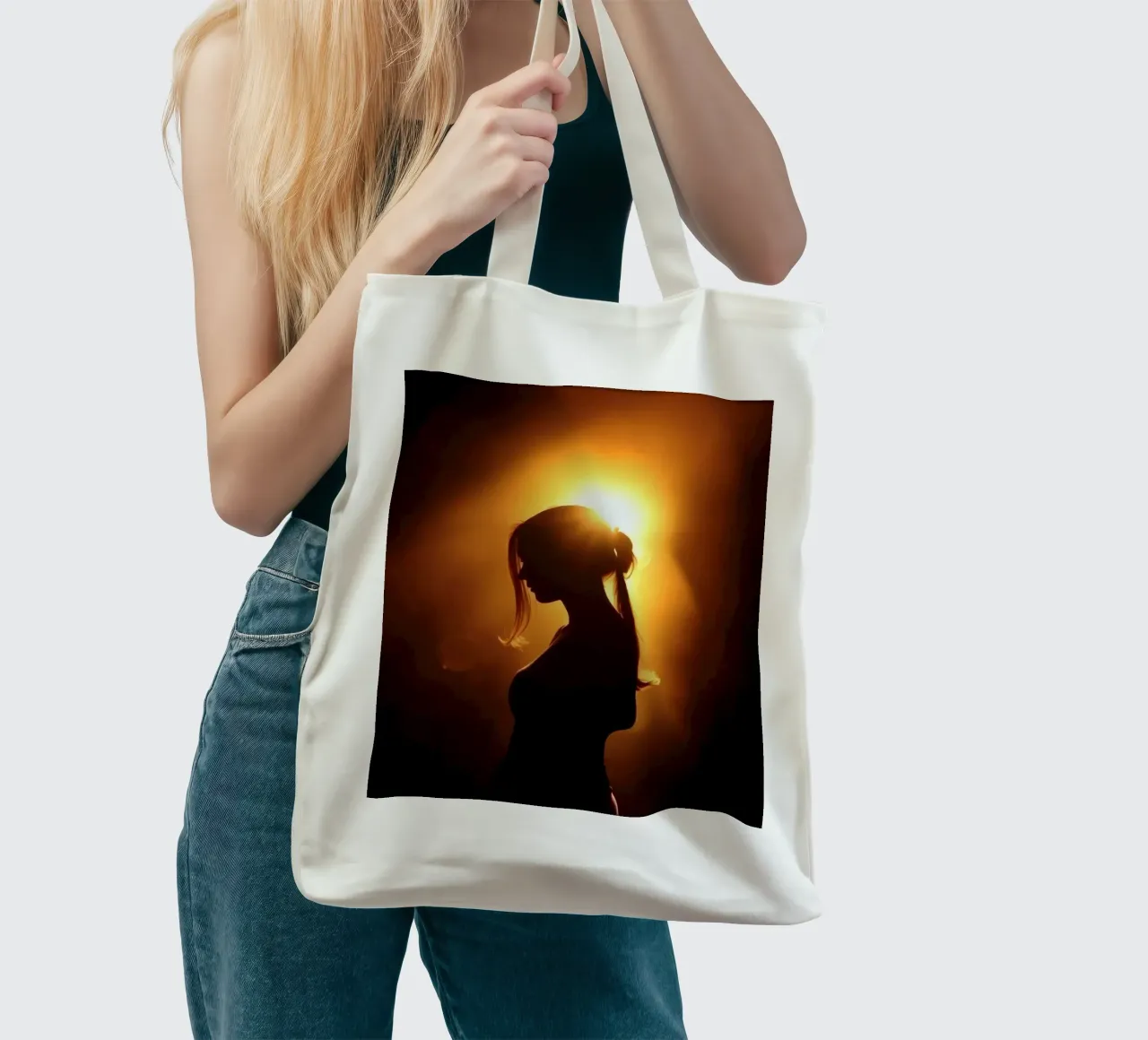 Silhouette of a woman against a warm glowing backdrop tote bag by DesignDoodle