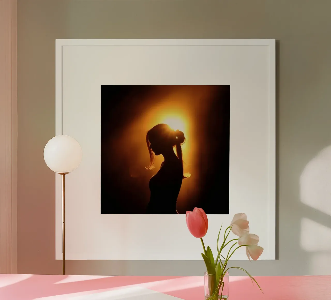 Silueta de una mujer sobre un fondo cálido y resplandeciente hahnemühle de DesignDoodle