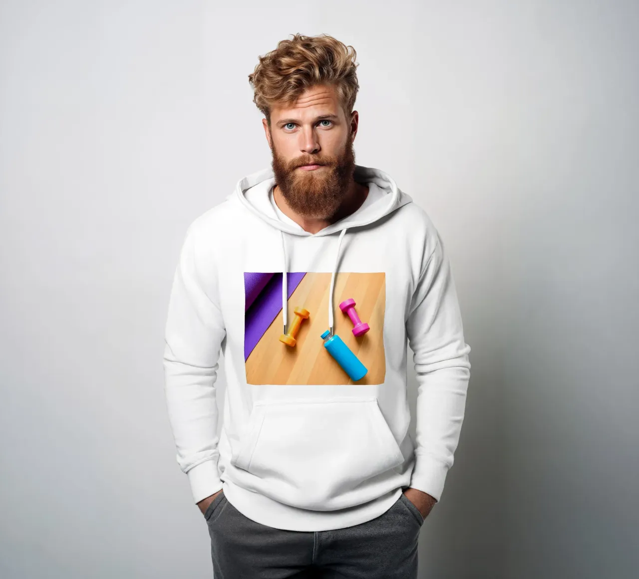 Attrezzature per l'allenamento colorate disposte su un pavimento di legno felpa con cappuccio da DesignDoodle