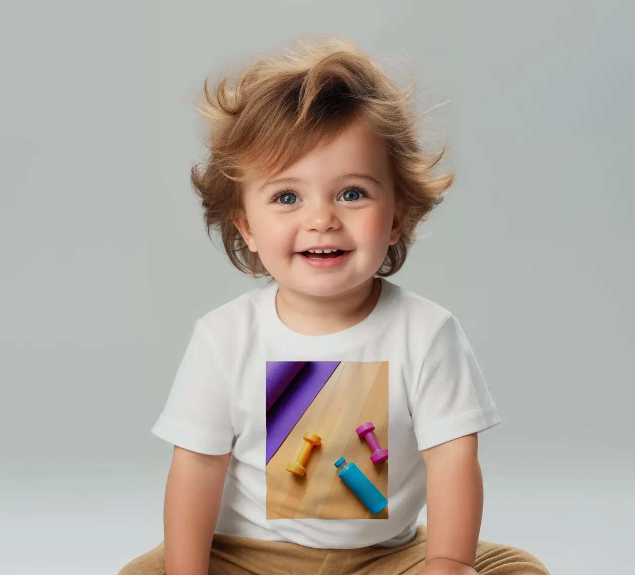 Attrezzature per l'allenamento colorate disposte su un pavimento di legno maglietta neonato da DesignDoodle