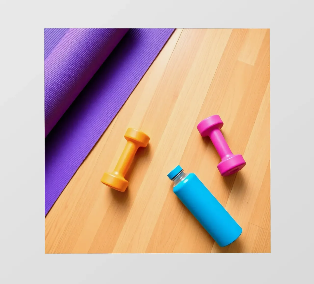Attrezzature per l'allenamento colorate disposte su un pavimento di legno telo in pvc da DesignDoodle