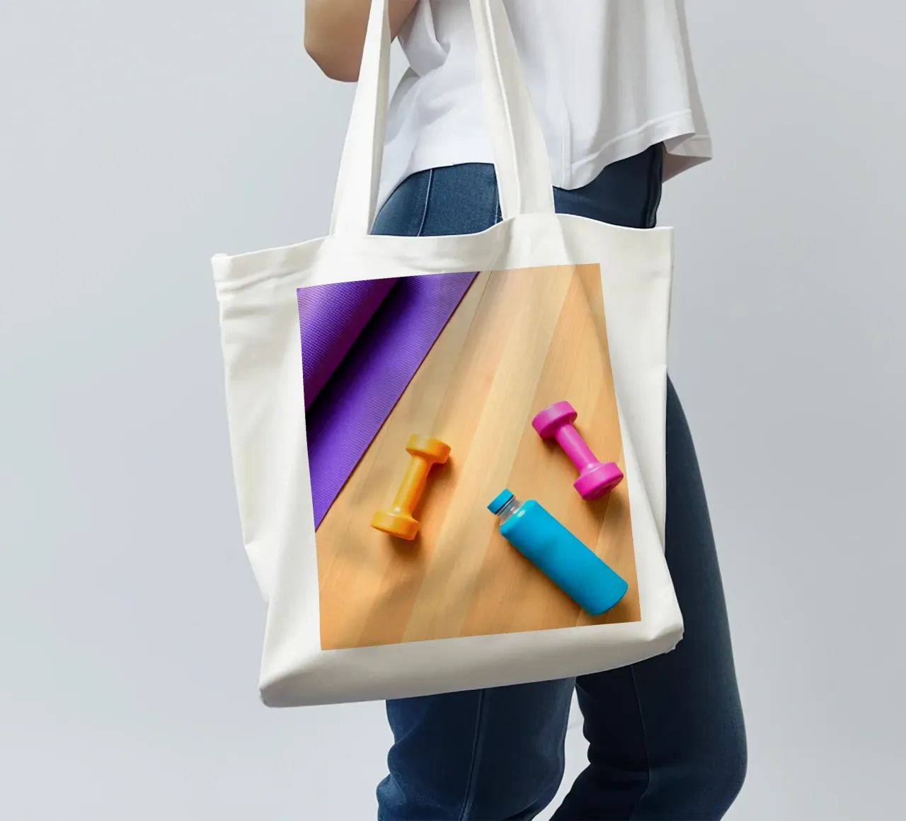 Attrezzature per l'allenamento colorate disposte su un pavimento di legno borsa in juta da DesignDoodle