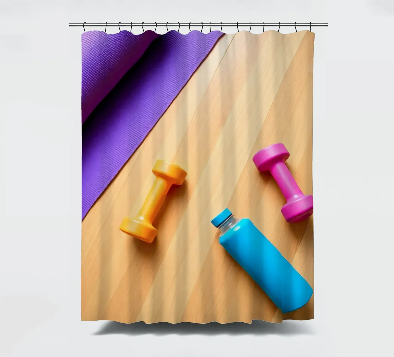 Attrezzature per l'allenamento colorate disposte su un pavimento di legno tenda da doccia da DesignDoodle
