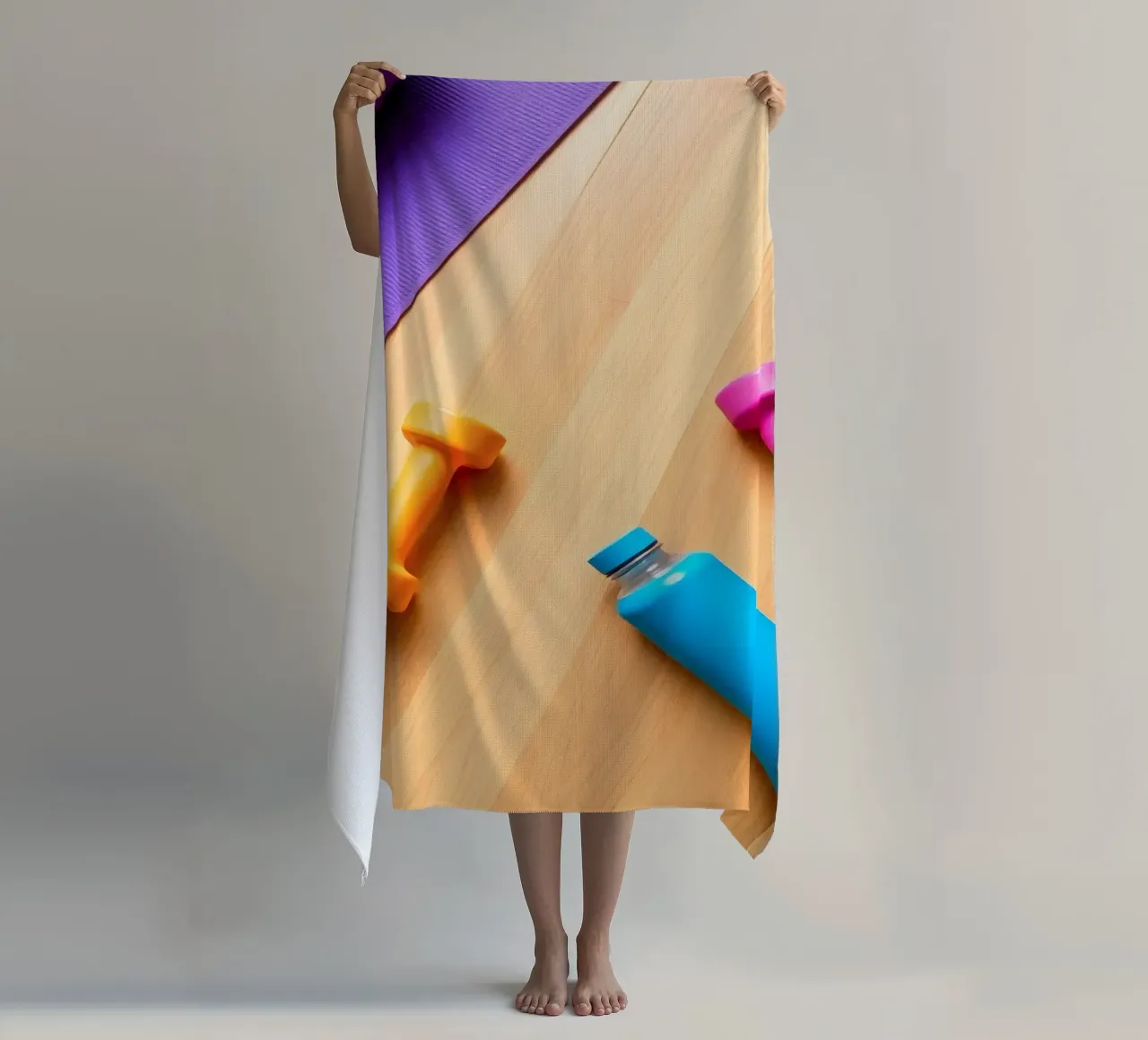 Attrezzature per l'allenamento colorate disposte su un pavimento di legno telo mare da DesignDoodle