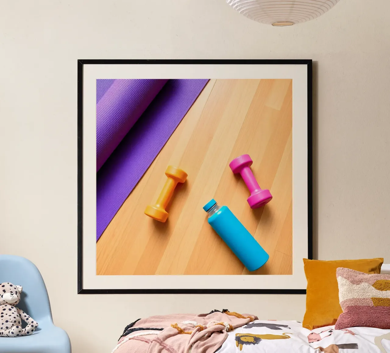 Attrezzature per l'allenamento colorate disposte su un pavimento di legno poster con telaio in legno da DesignDoodle