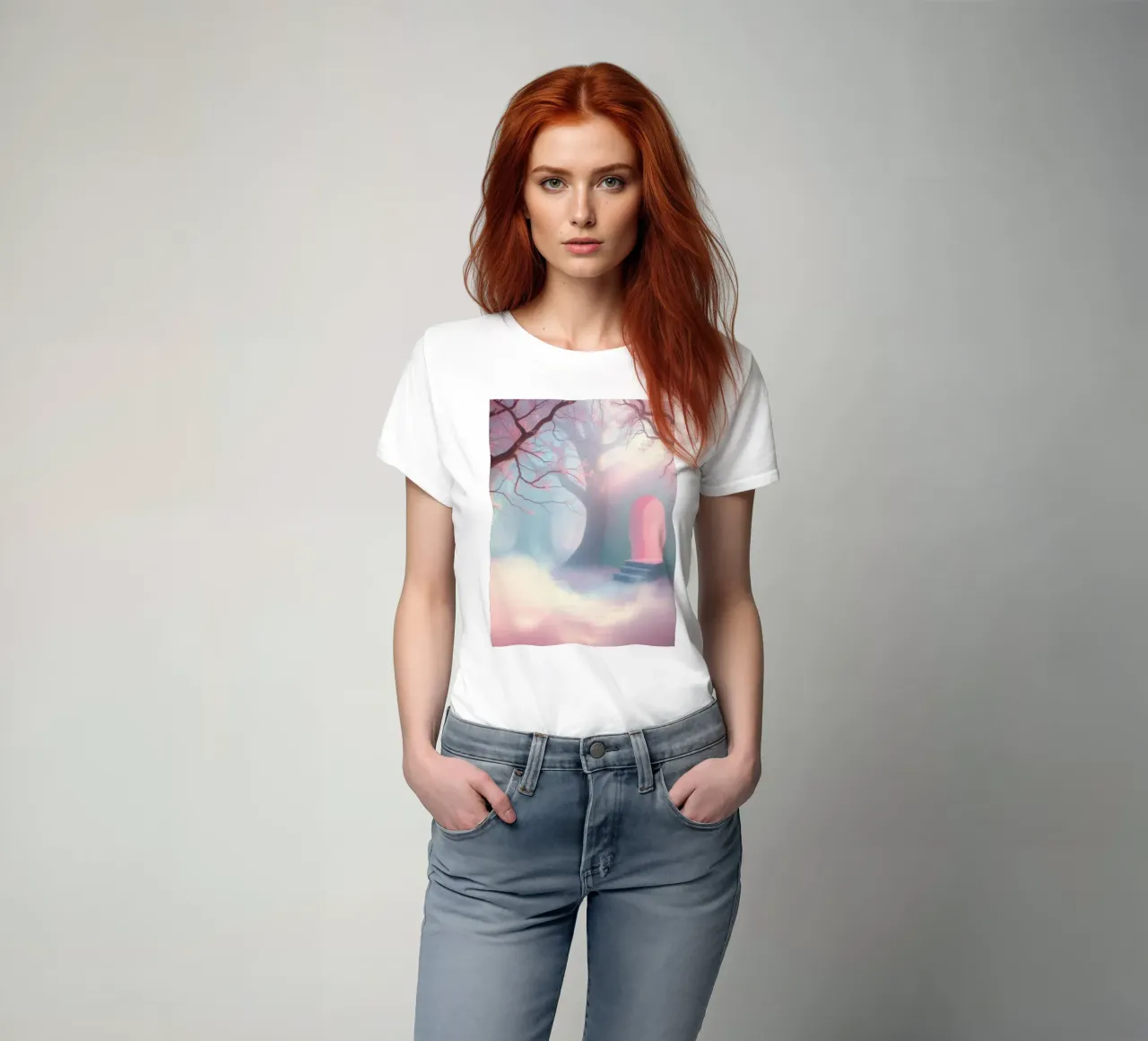 ingresso in una foresta nebbiosa con tonalità rosa e alberi delicati t-shirt da DesignDoodle