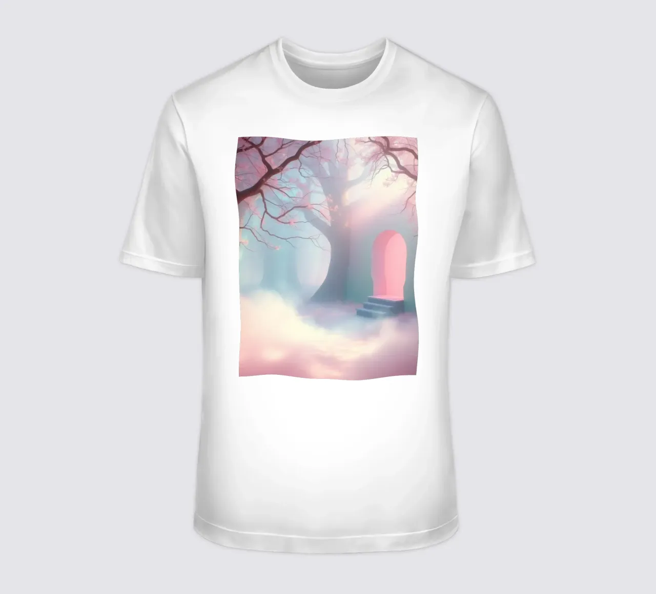 ingresso in una foresta nebbiosa con tonalità rosa e alberi delicati t-shirt da DesignDoodle