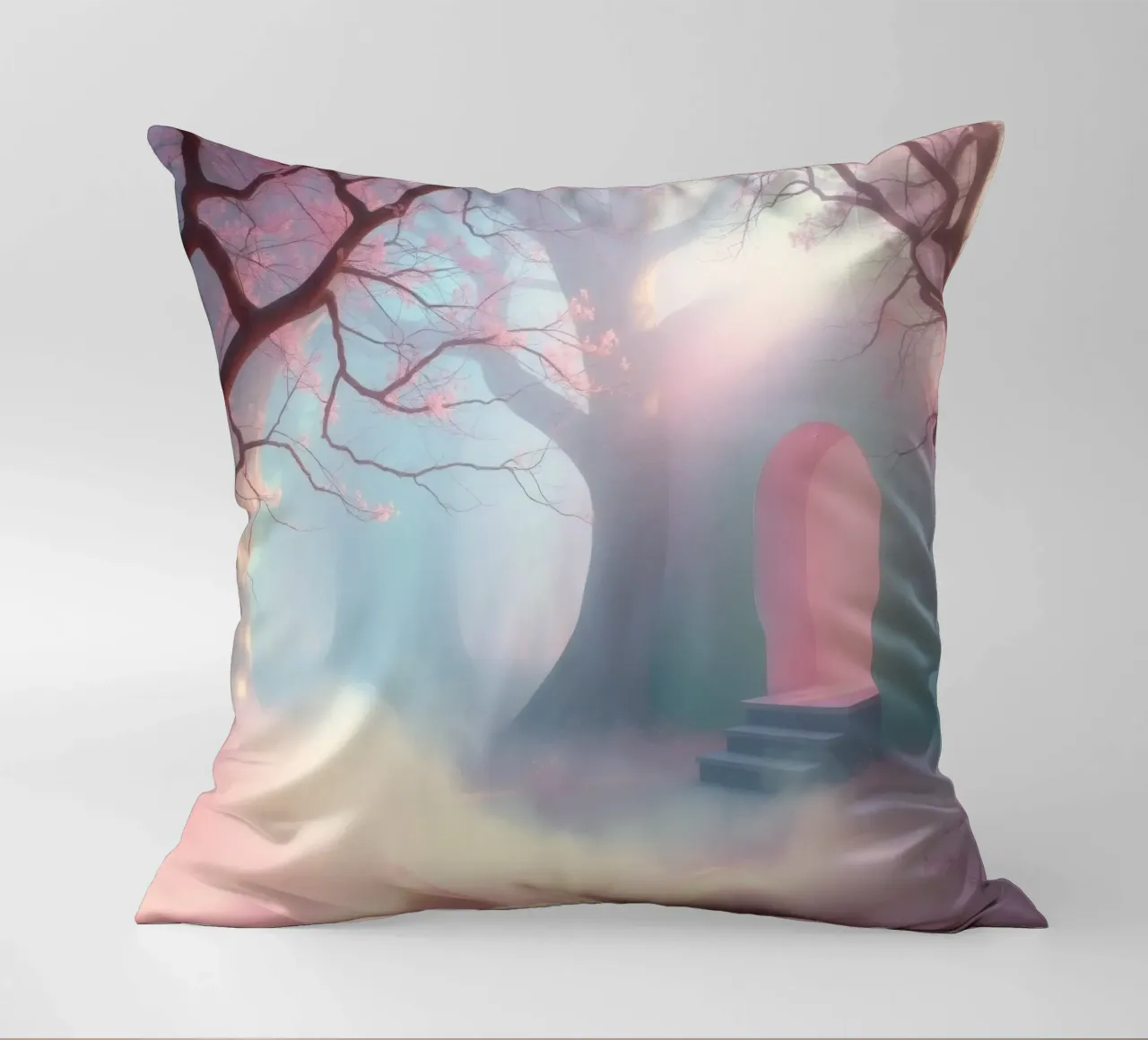 ingresso in una foresta nebbiosa con tonalità rosa e alberi delicati cuscino da DesignDoodle