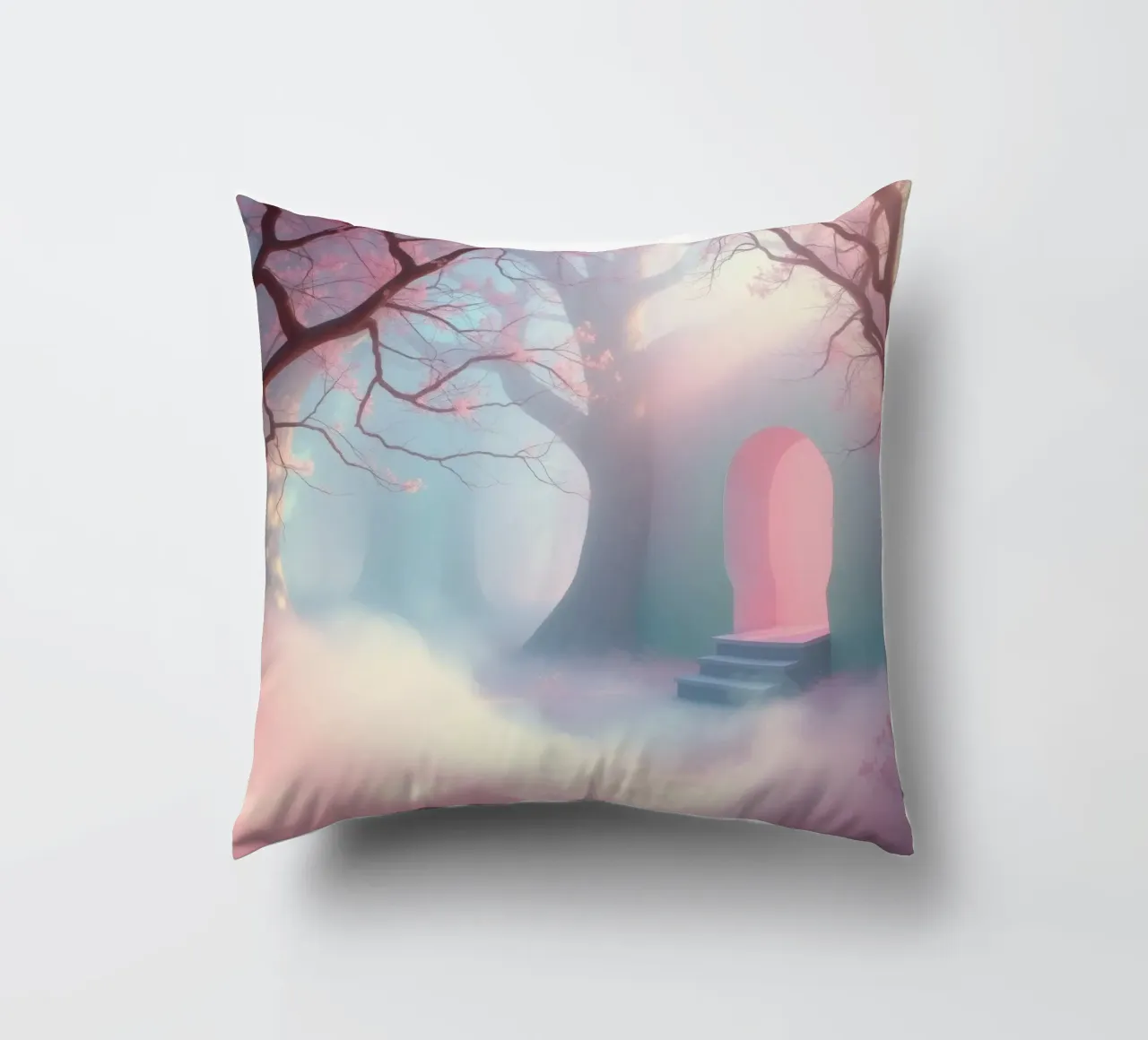 ingresso in una foresta nebbiosa con tonalità rosa e alberi delicati cuscino da DesignDoodle