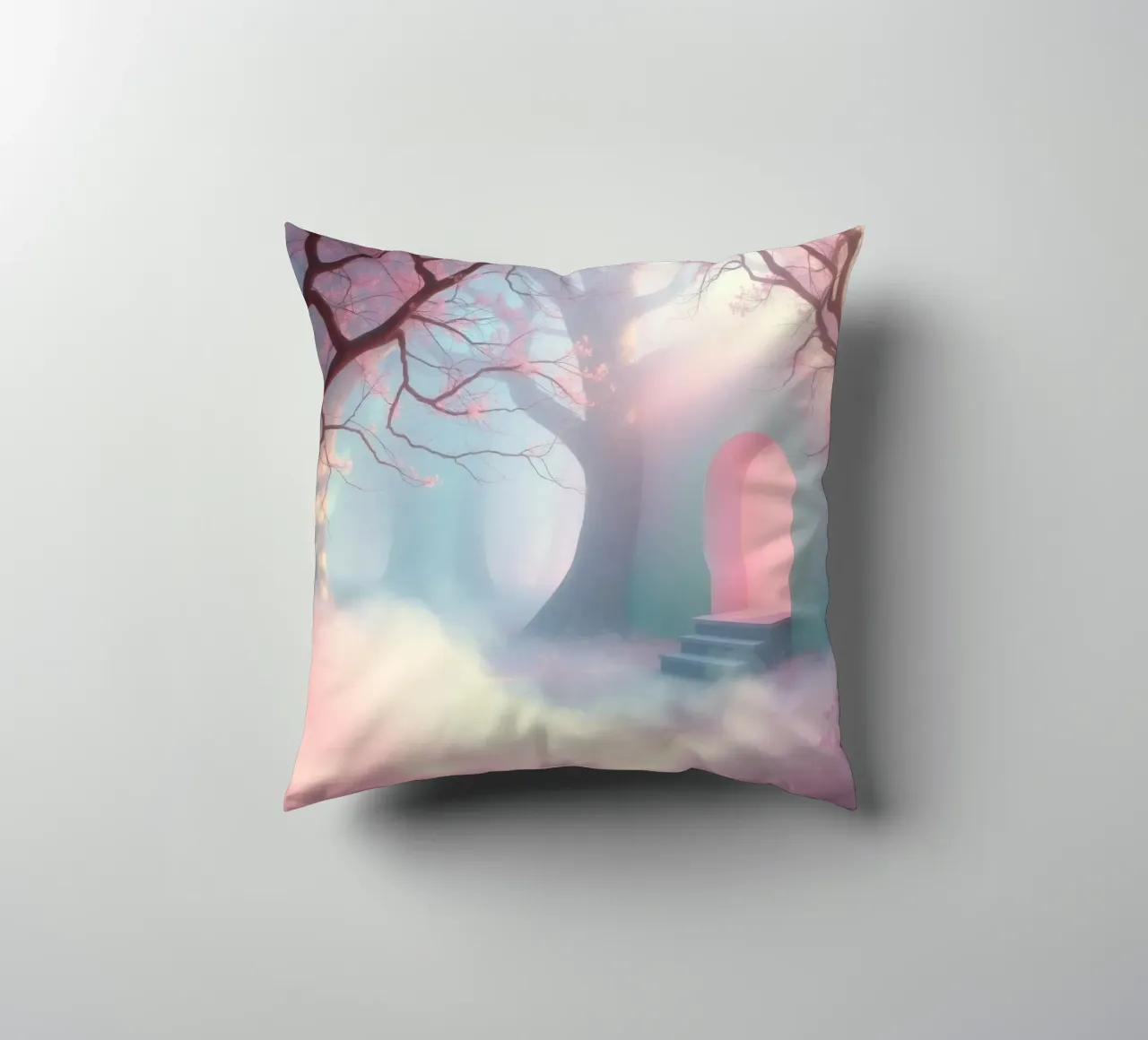 ingresso in una foresta nebbiosa con tonalità rosa e alberi delicati cuscino da DesignDoodle