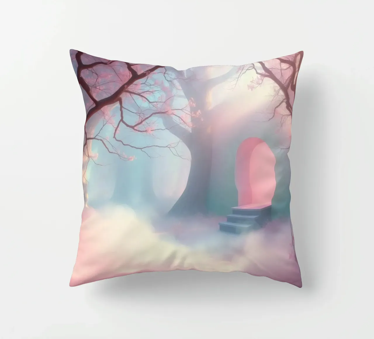 ingresso in una foresta nebbiosa con tonalità rosa e alberi delicati cuscino da DesignDoodle