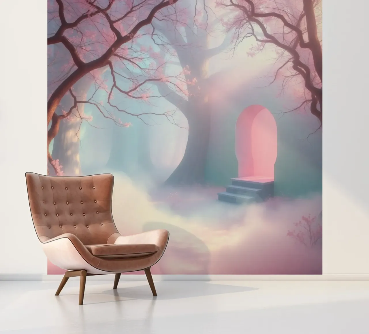 entrance in a foggy forest with pink hues and delicate trees photo wallpaper by DesignDoodle