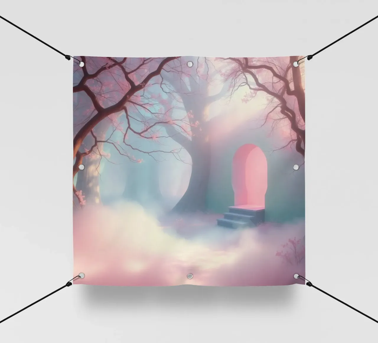 ingresso in una foresta nebbiosa con tonalità rosa e alberi delicati telo in pvc da DesignDoodle