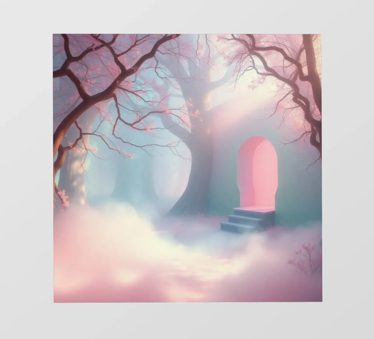 ingresso in una foresta nebbiosa con tonalità rosa e alberi delicati telo in pvc da DesignDoodle