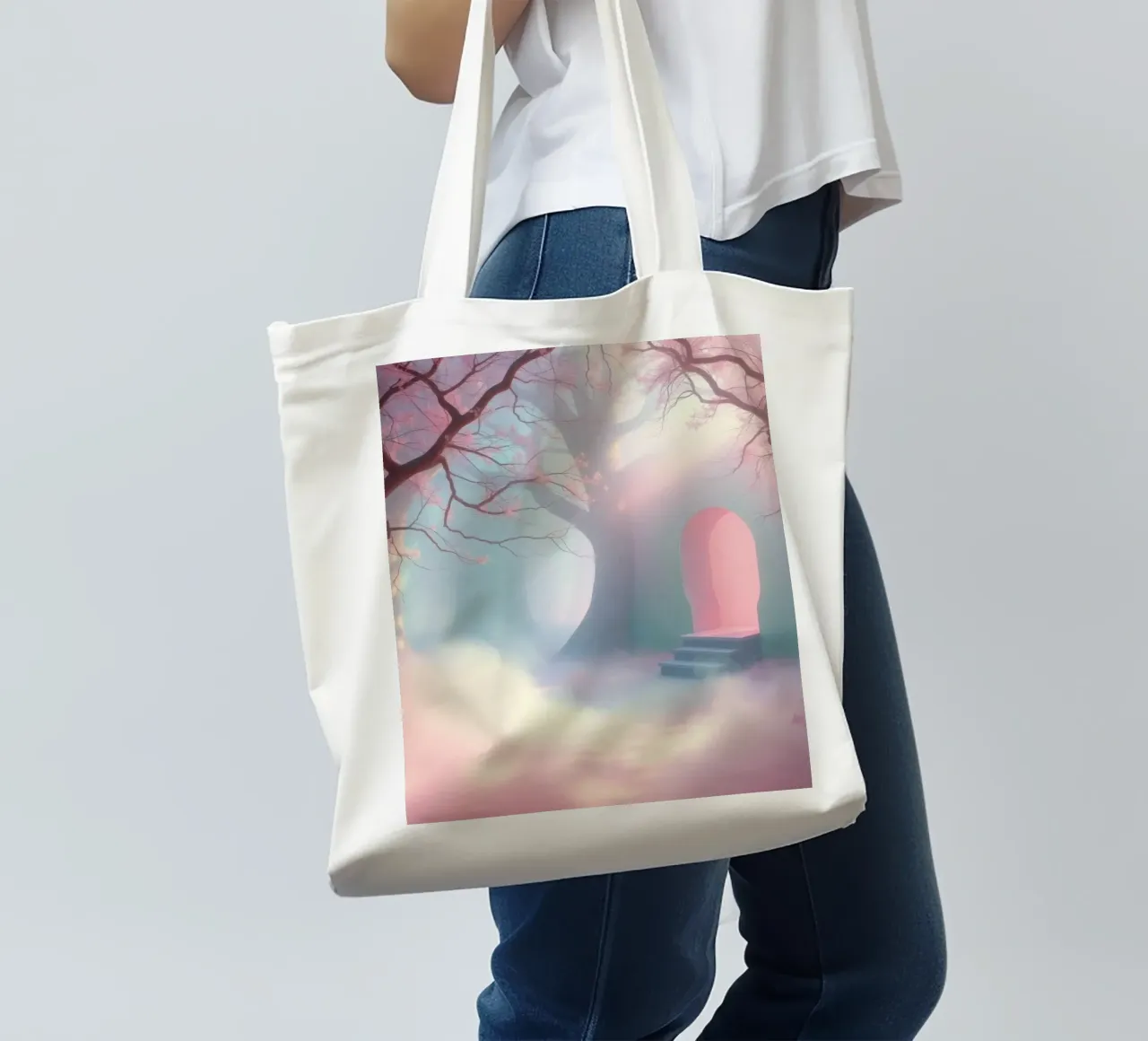 ingresso in una foresta nebbiosa con tonalità rosa e alberi delicati borsa in juta da DesignDoodle