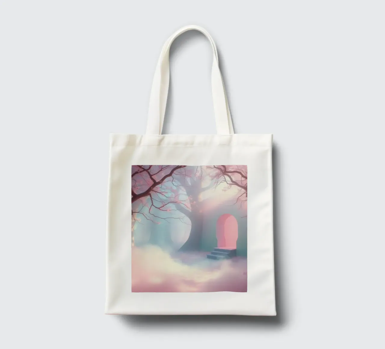ingresso in una foresta nebbiosa con tonalità rosa e alberi delicati borsa in juta da DesignDoodle