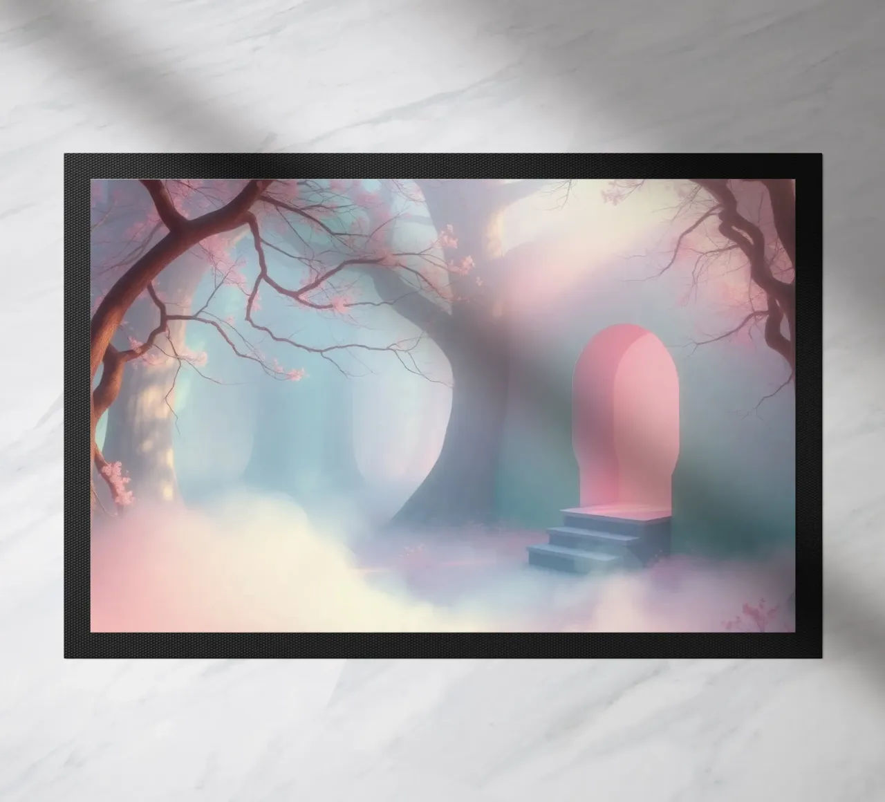 ingresso in una foresta nebbiosa con tonalità rosa e alberi delicati zerbino da DesignDoodle