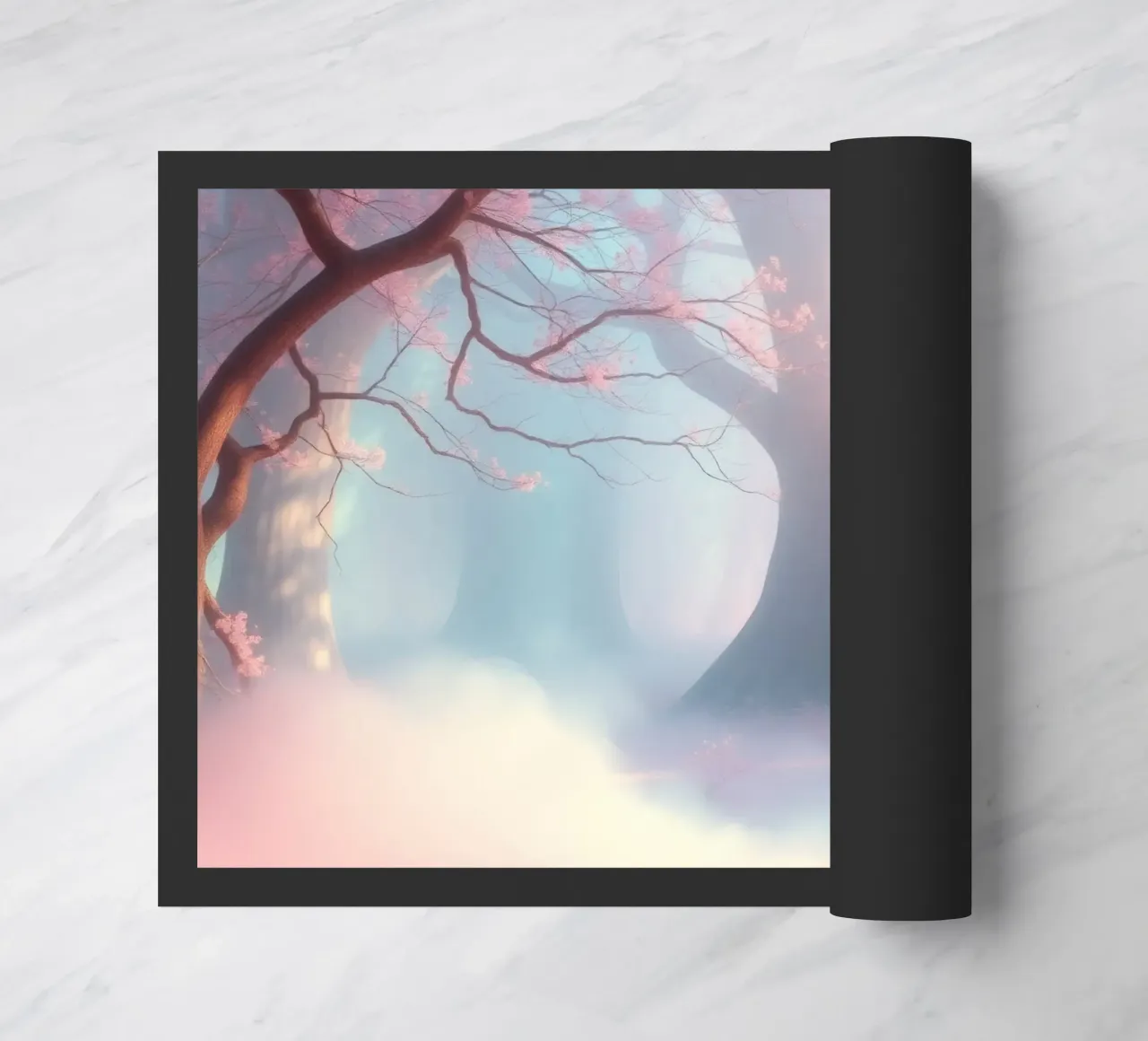 ingresso in una foresta nebbiosa con tonalità rosa e alberi delicati zerbino da DesignDoodle