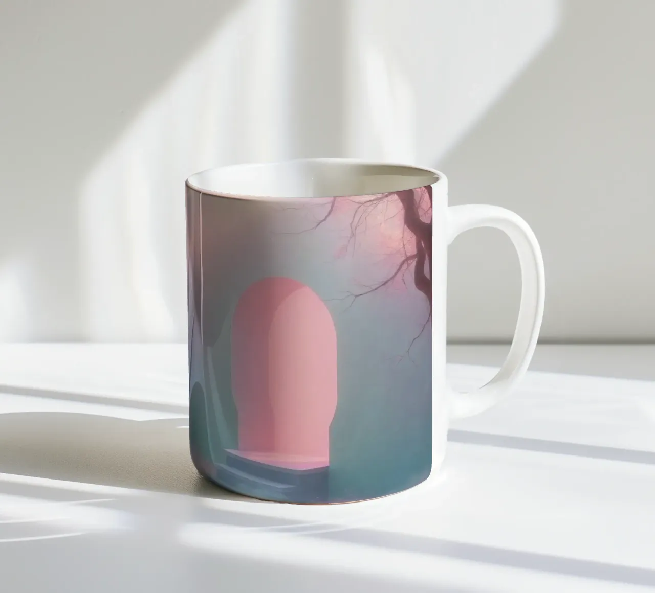 ingresso in una foresta nebbiosa con tonalità rosa e alberi delicati tazza in ceramica da DesignDoodle
