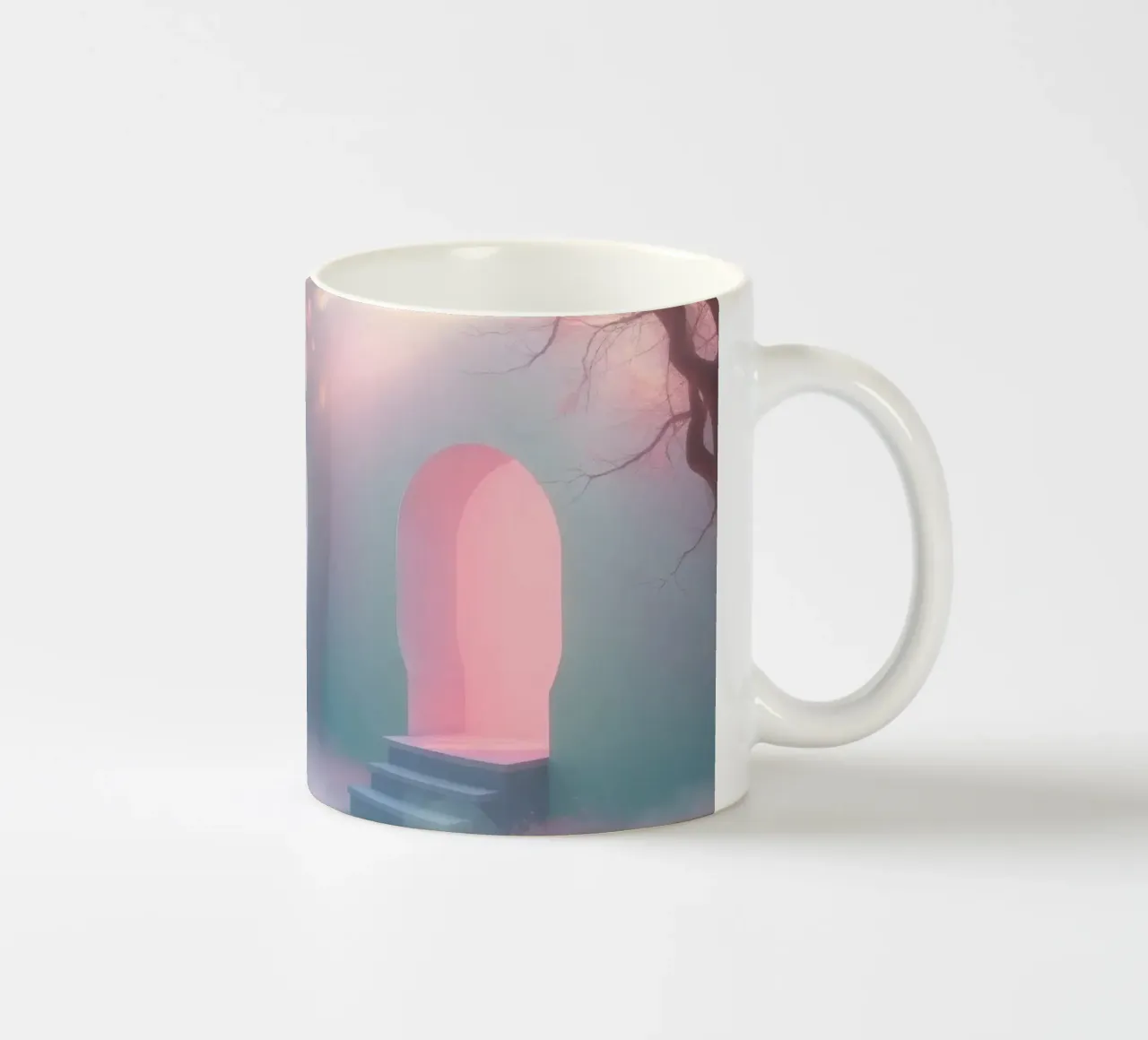 ingresso in una foresta nebbiosa con tonalità rosa e alberi delicati tazza in ceramica da DesignDoodle