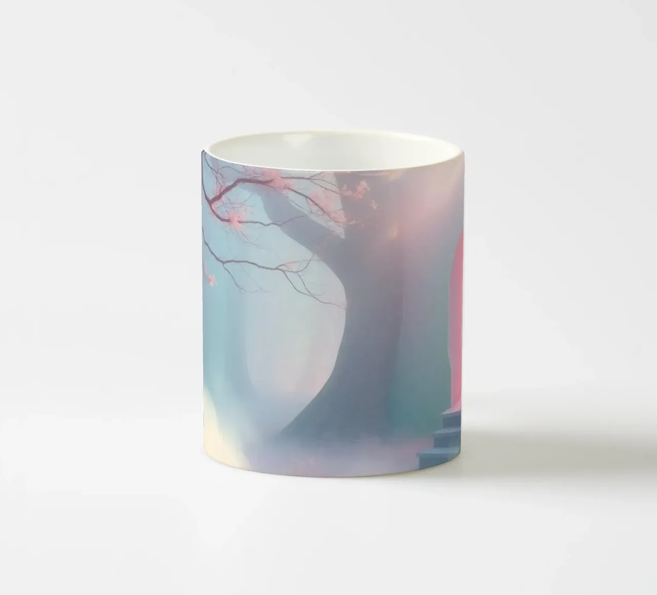 ingresso in una foresta nebbiosa con tonalità rosa e alberi delicati tazza in ceramica da DesignDoodle