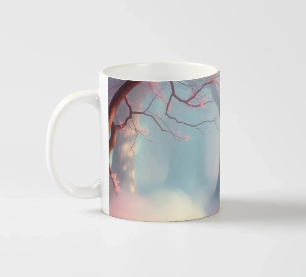 ingresso in una foresta nebbiosa con tonalità rosa e alberi delicati tazza in ceramica da DesignDoodle