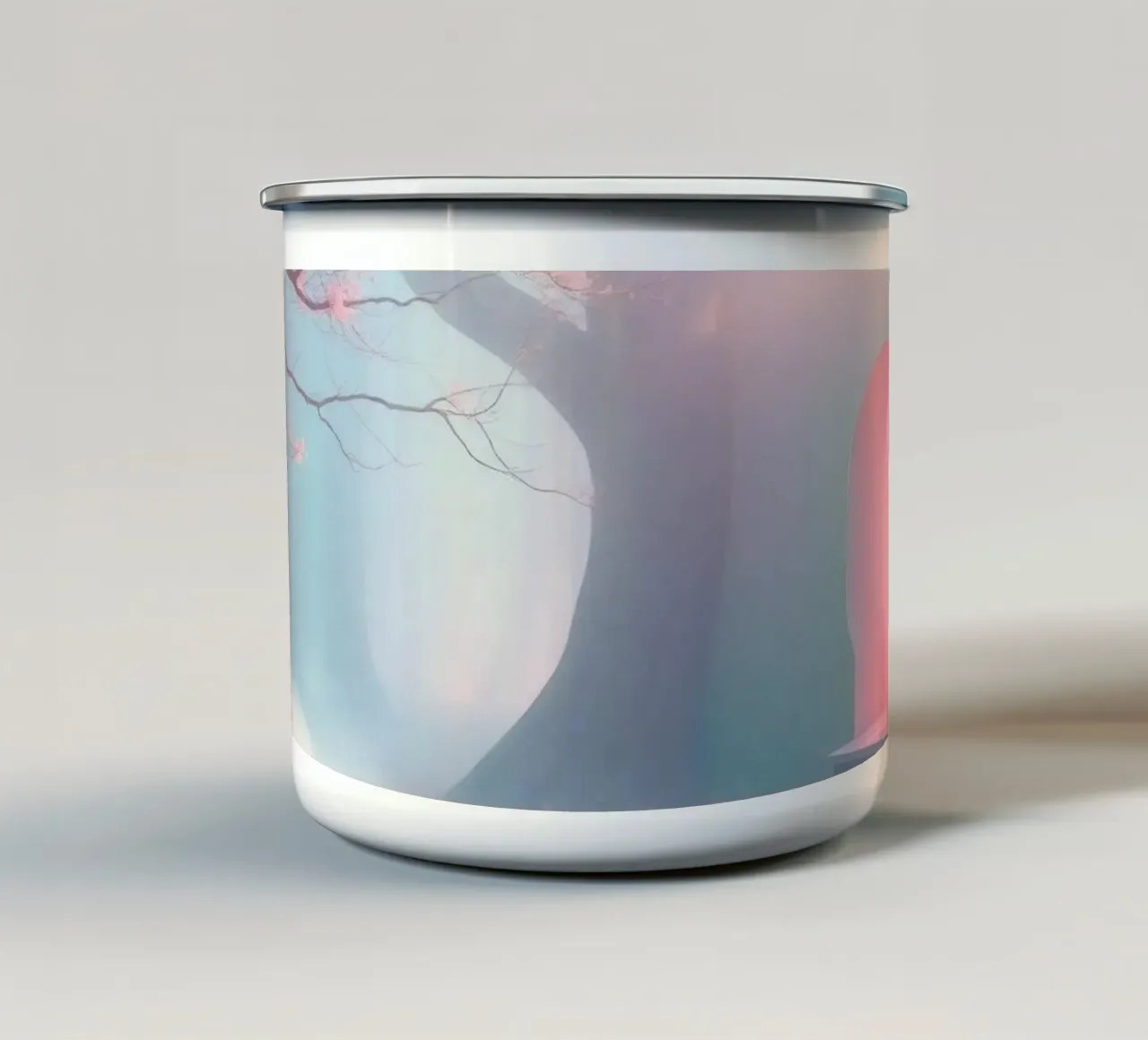 ingresso in una foresta nebbiosa con tonalità rosa e alberi delicati tazza in smalto da DesignDoodle