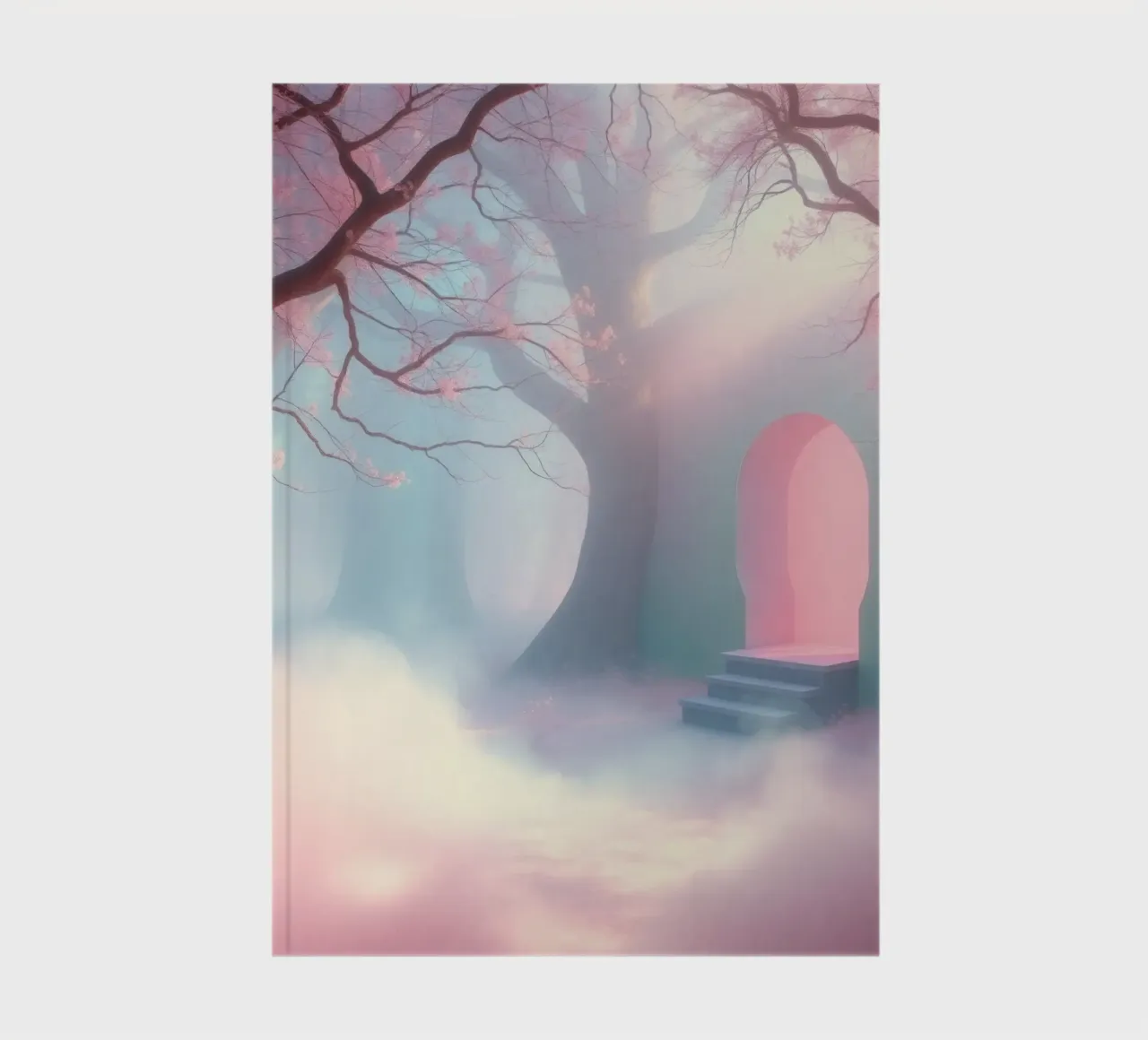 entrance in a foggy forest with pink hues and delicate trees notebook by DesignDoodle
