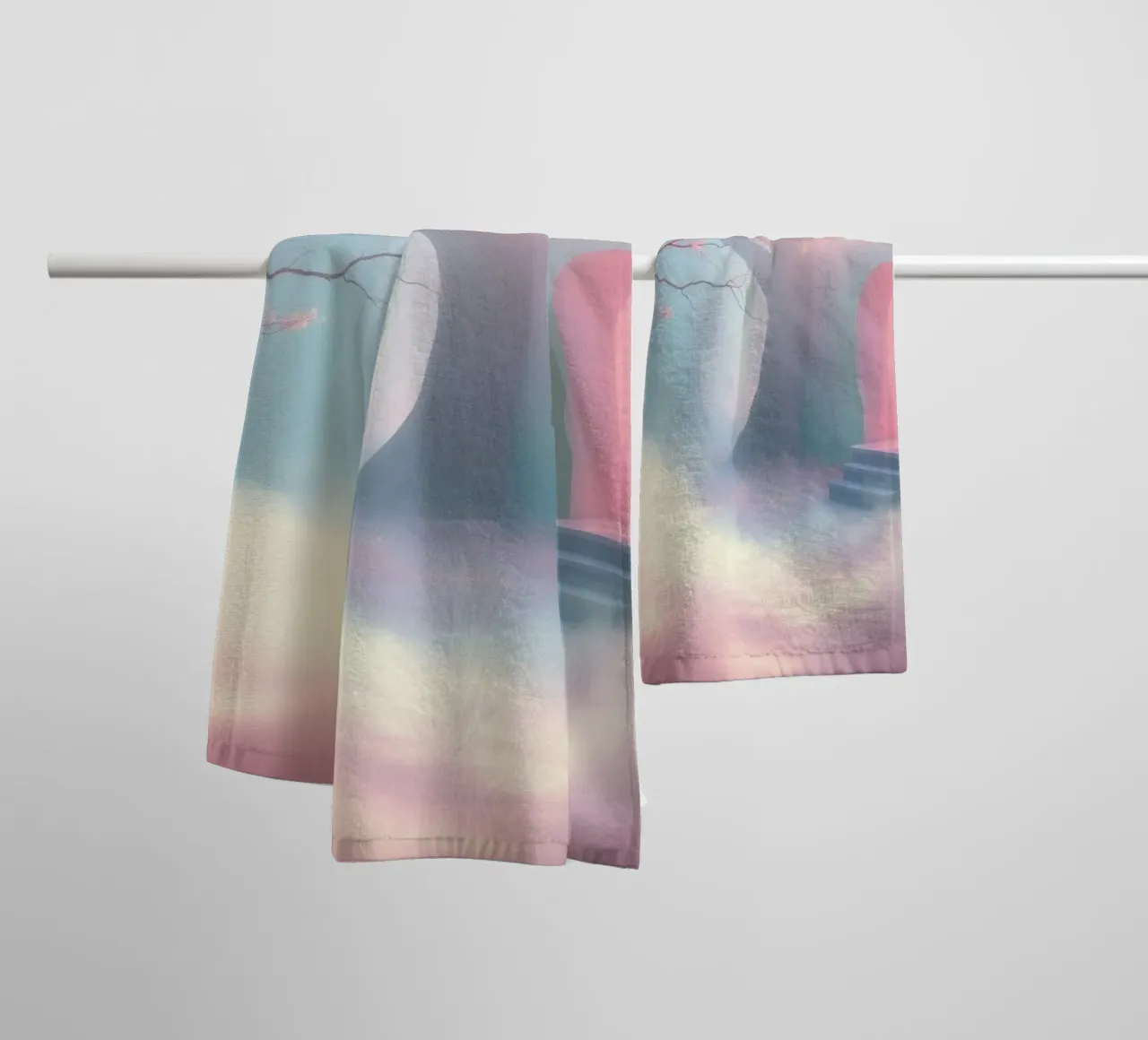 entrance in a foggy forest with pink hues and delicate trees towel by DesignDoodle