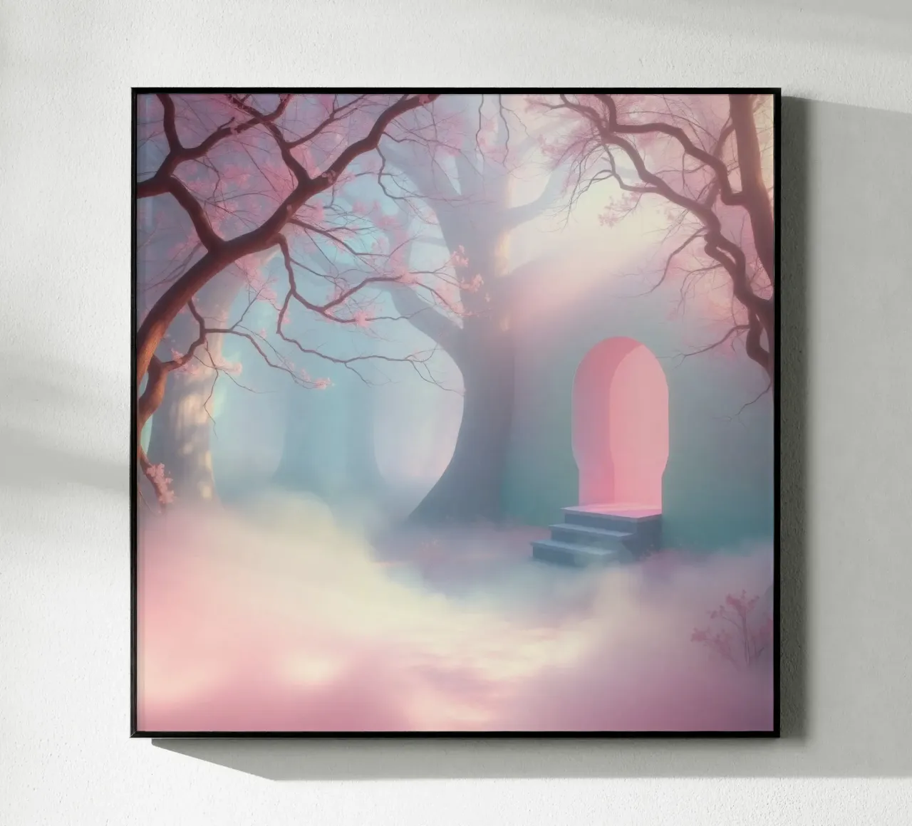 ingresso in una foresta nebbiosa con tonalità rosa e alberi delicati plexiglass da DesignDoodle