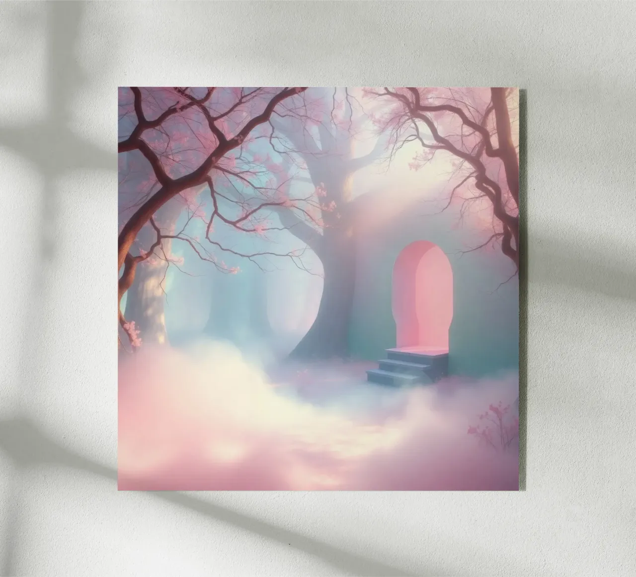 ingresso in una foresta nebbiosa con tonalità rosa e alberi delicati plexiglass da DesignDoodle