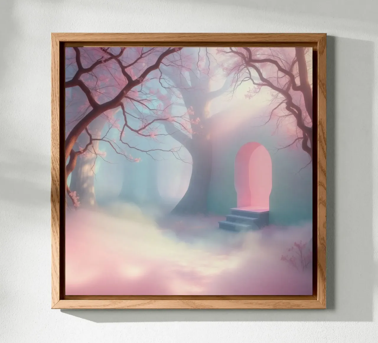 ingresso in una foresta nebbiosa con tonalità rosa e alberi delicati alluminio dibond da DesignDoodle