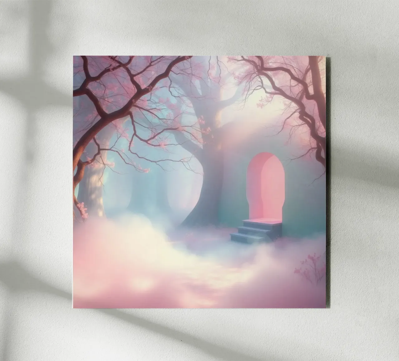 ingresso in una foresta nebbiosa con tonalità rosa e alberi delicati alluminio dibond da DesignDoodle