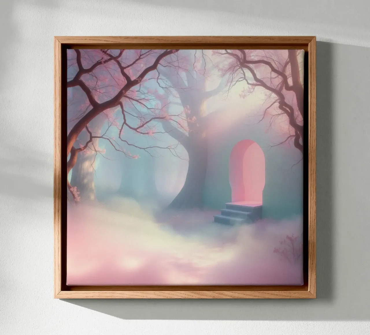 entrance in a foggy forest with pink hues and delicate trees canvas by DesignDoodle