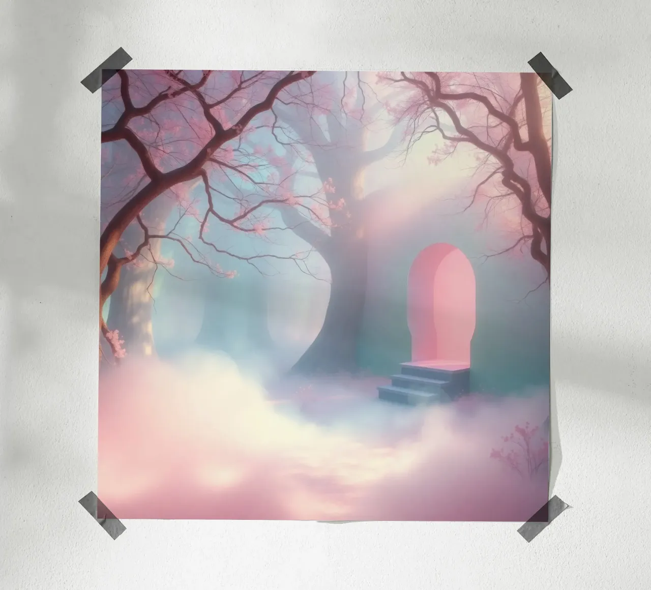 ingresso in una foresta nebbiosa con tonalità rosa e alberi delicati carta hahnemühle da DesignDoodle