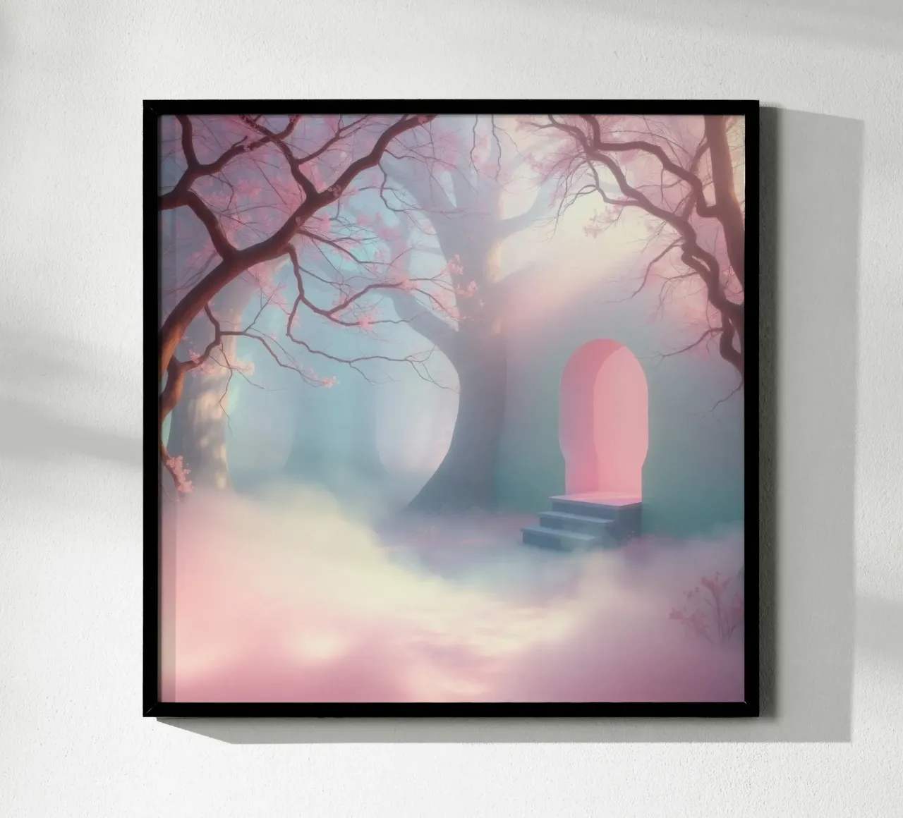ingresso in una foresta nebbiosa con tonalità rosa e alberi delicati carta hahnemühle da DesignDoodle
