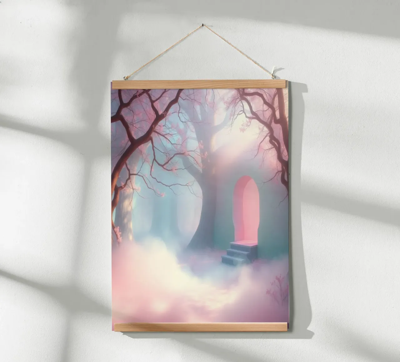 ingresso in una foresta nebbiosa con tonalità rosa e alberi delicati carta hahnemühle da DesignDoodle
