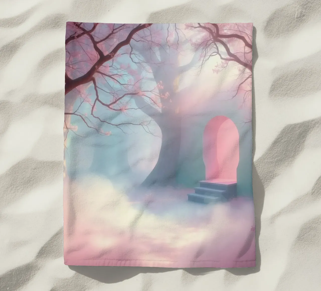 ingresso in una foresta nebbiosa con tonalità rosa e alberi delicati telo mare da DesignDoodle