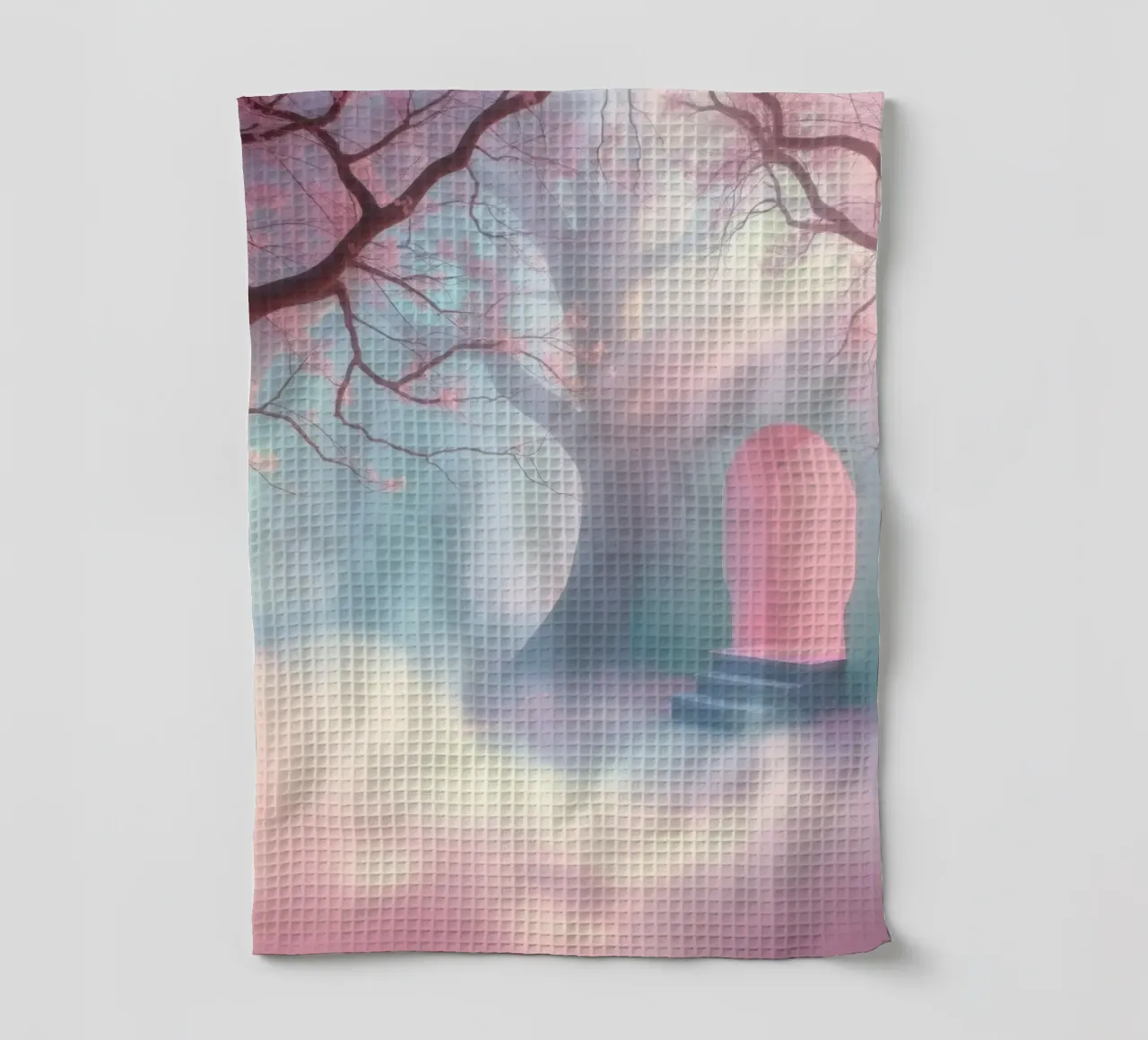 ingresso in una foresta nebbiosa con tonalità rosa e alberi delicati canovaccio da cucina da DesignDoodle