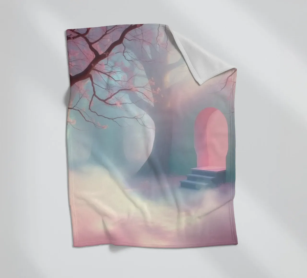 ingresso in una foresta nebbiosa con tonalità rosa e alberi delicati coperta in pile da DesignDoodle