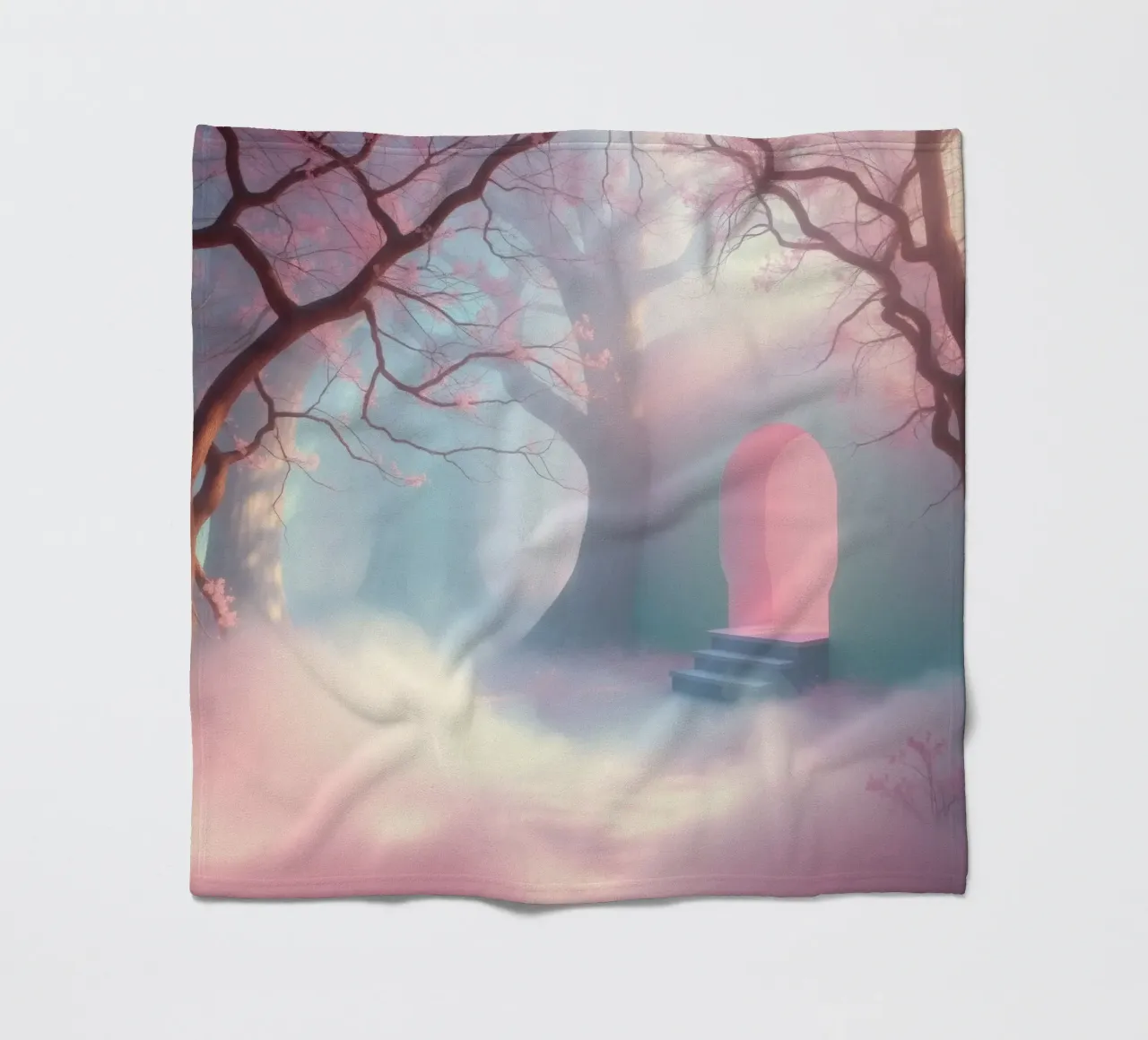 ingresso in una foresta nebbiosa con tonalità rosa e alberi delicati coperta in pile da DesignDoodle
