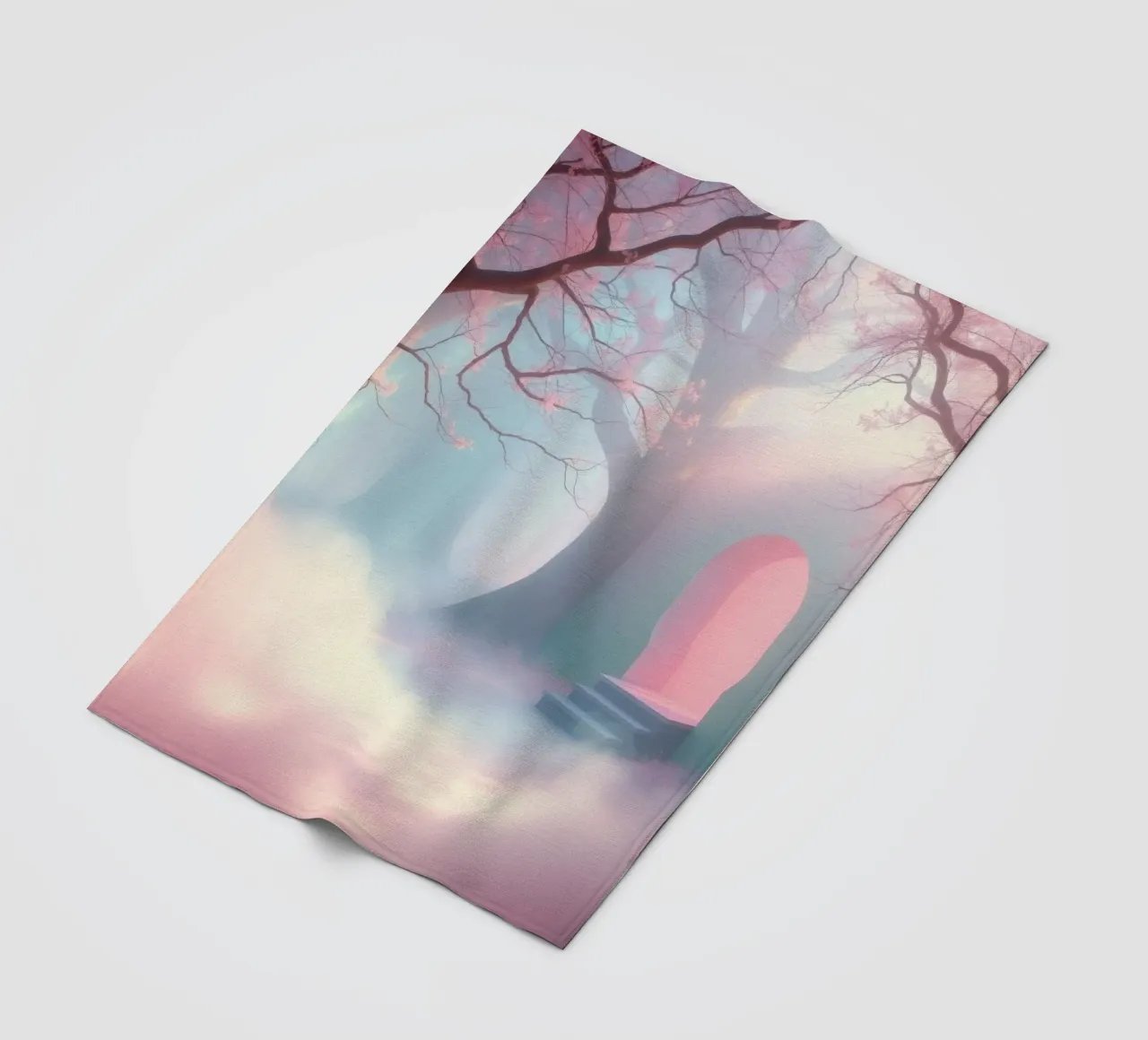 ingresso in una foresta nebbiosa con tonalità rosa e alberi delicati coperta in pile da DesignDoodle