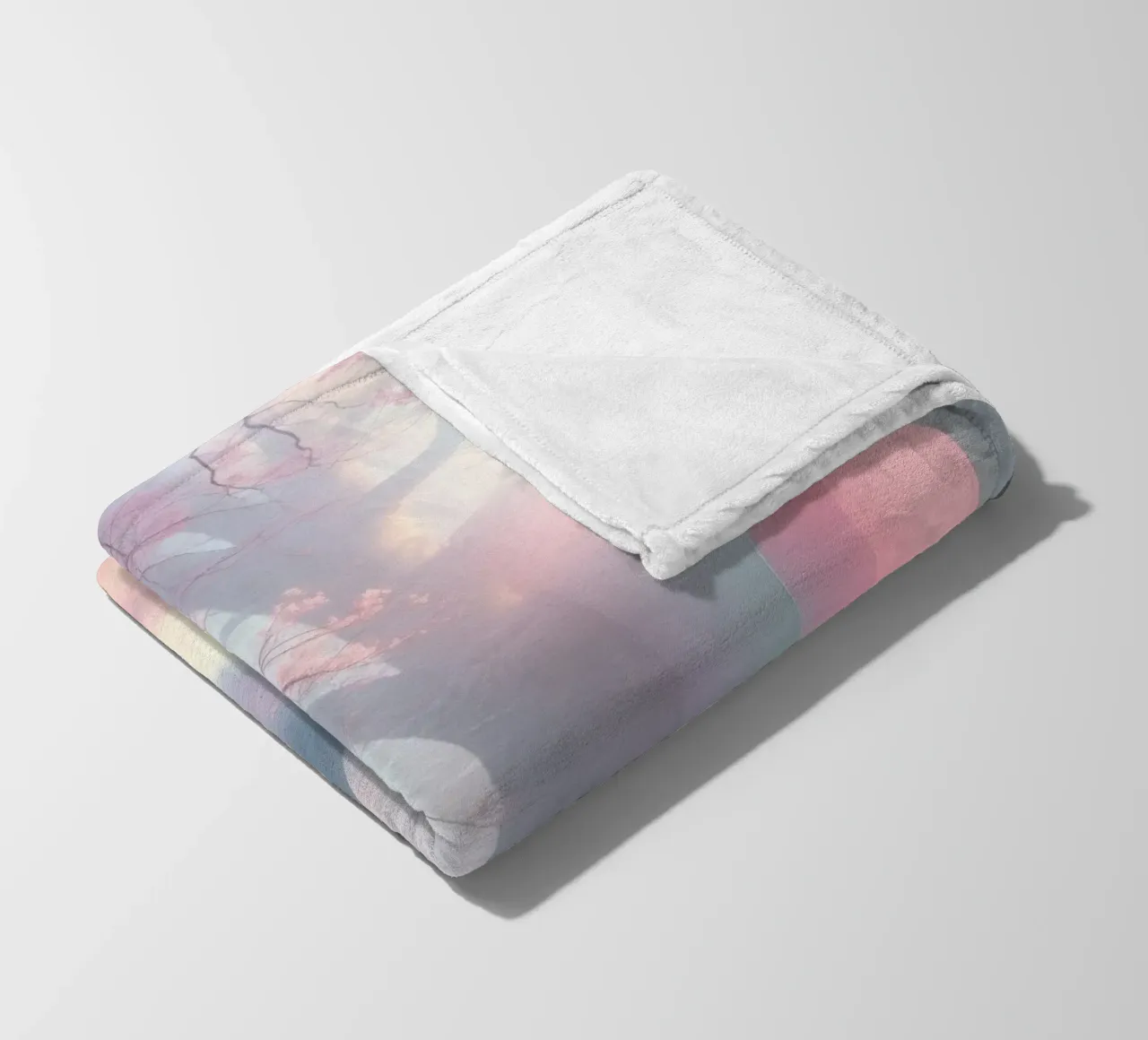 ingresso in una foresta nebbiosa con tonalità rosa e alberi delicati coperta in pile da DesignDoodle