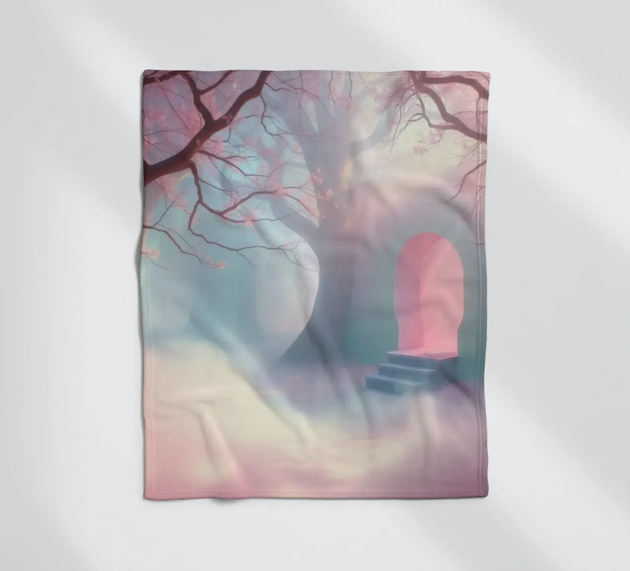 ingresso in una foresta nebbiosa con tonalità rosa e alberi delicati coperta in pile da DesignDoodle