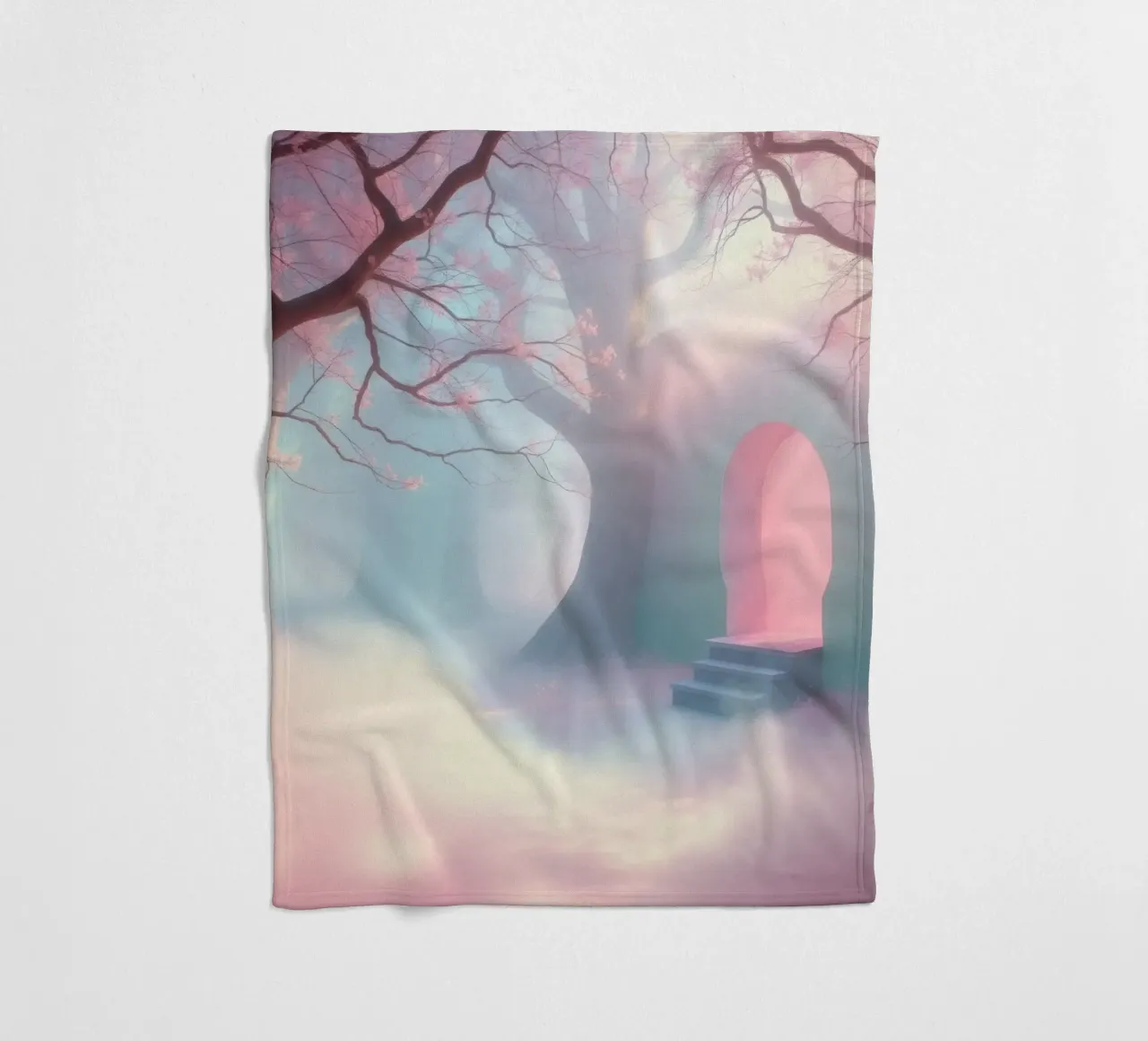 ingresso in una foresta nebbiosa con tonalità rosa e alberi delicati coperta in pile da DesignDoodle