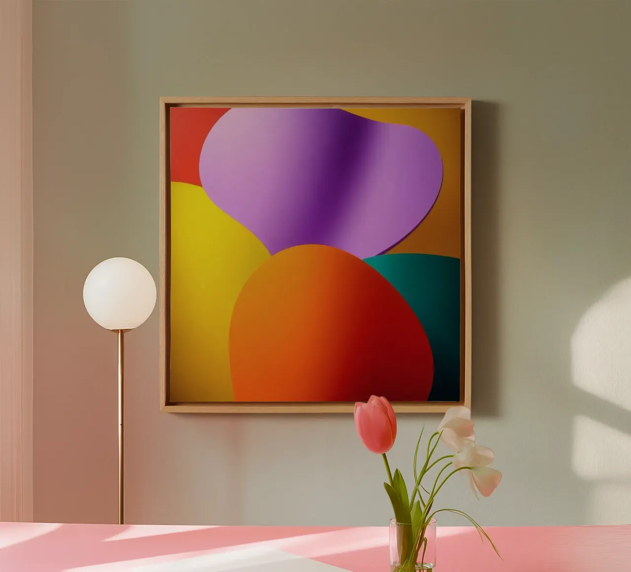 Kleurrijke abstracte vormen smelten samen in een levendige kunst canvas met Baklijst van DesignDoodle